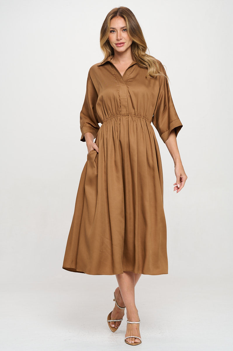 Thumbnail: Tencel Collared V neck Midi Dress with Pockets