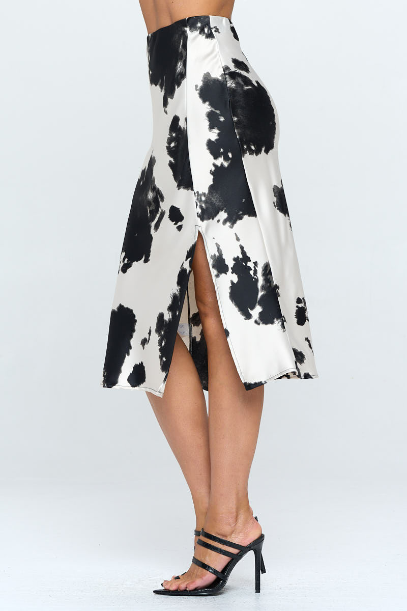 Thumbnail: Satin Cow Print Midi Skirt with Slit