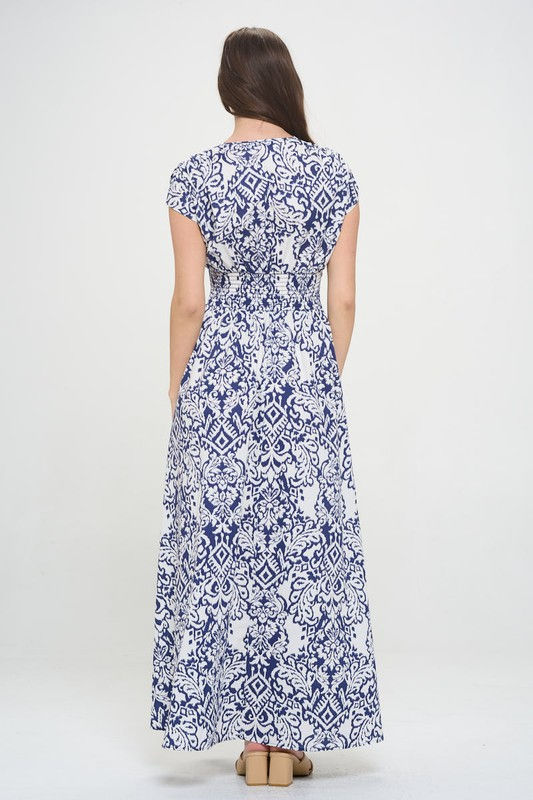 Thumbnail: Print V neck Short Sleeve Dress w Smocked Elastic Waist