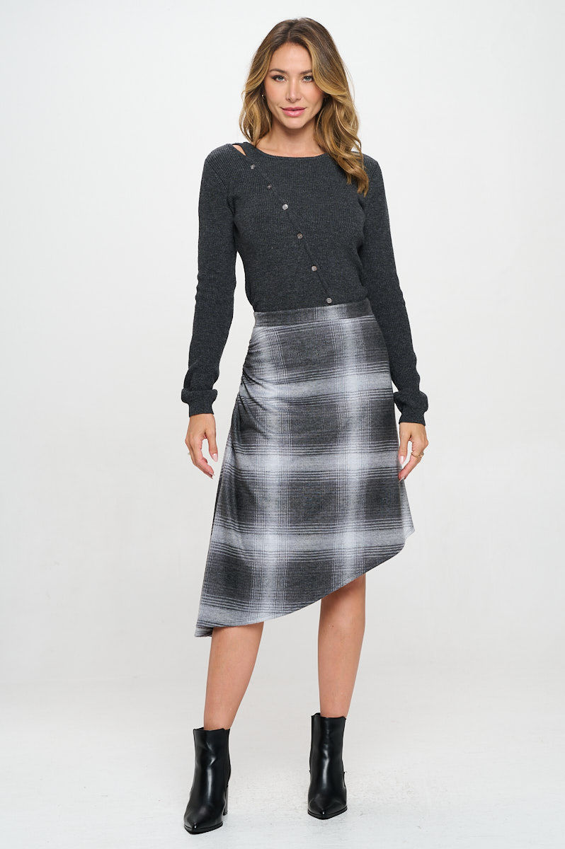 Thumbnail: Plaid Knit Asymmetrical Hem Midi Skirt with Side Ruched Detail