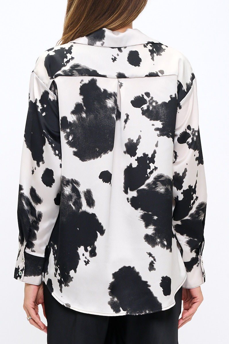 Thumbnail: Cow Print Collared Top with Cuffed Split Sleeve