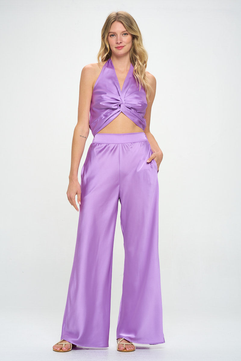 Thumbnail: Stretch Satin Pants w/ Elastic Waist and Pockets