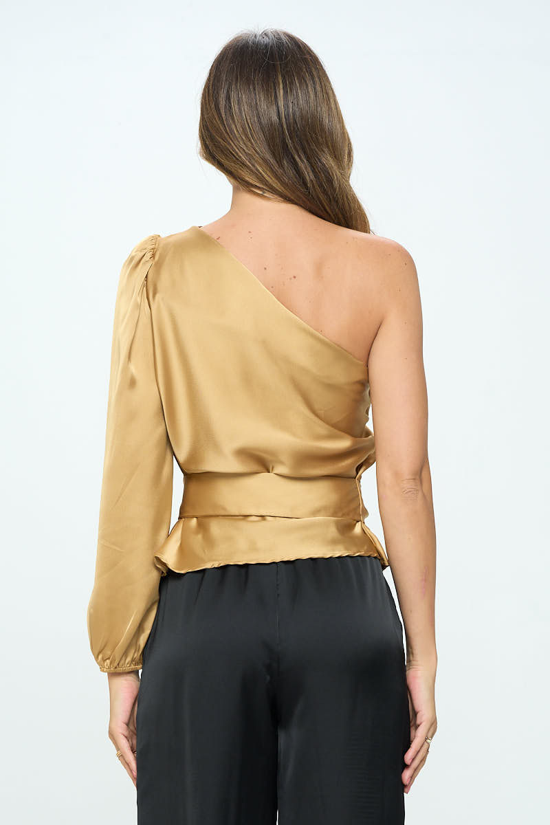 Thumbnail: Stretch Satin One Shoulder Formal Top with Tie