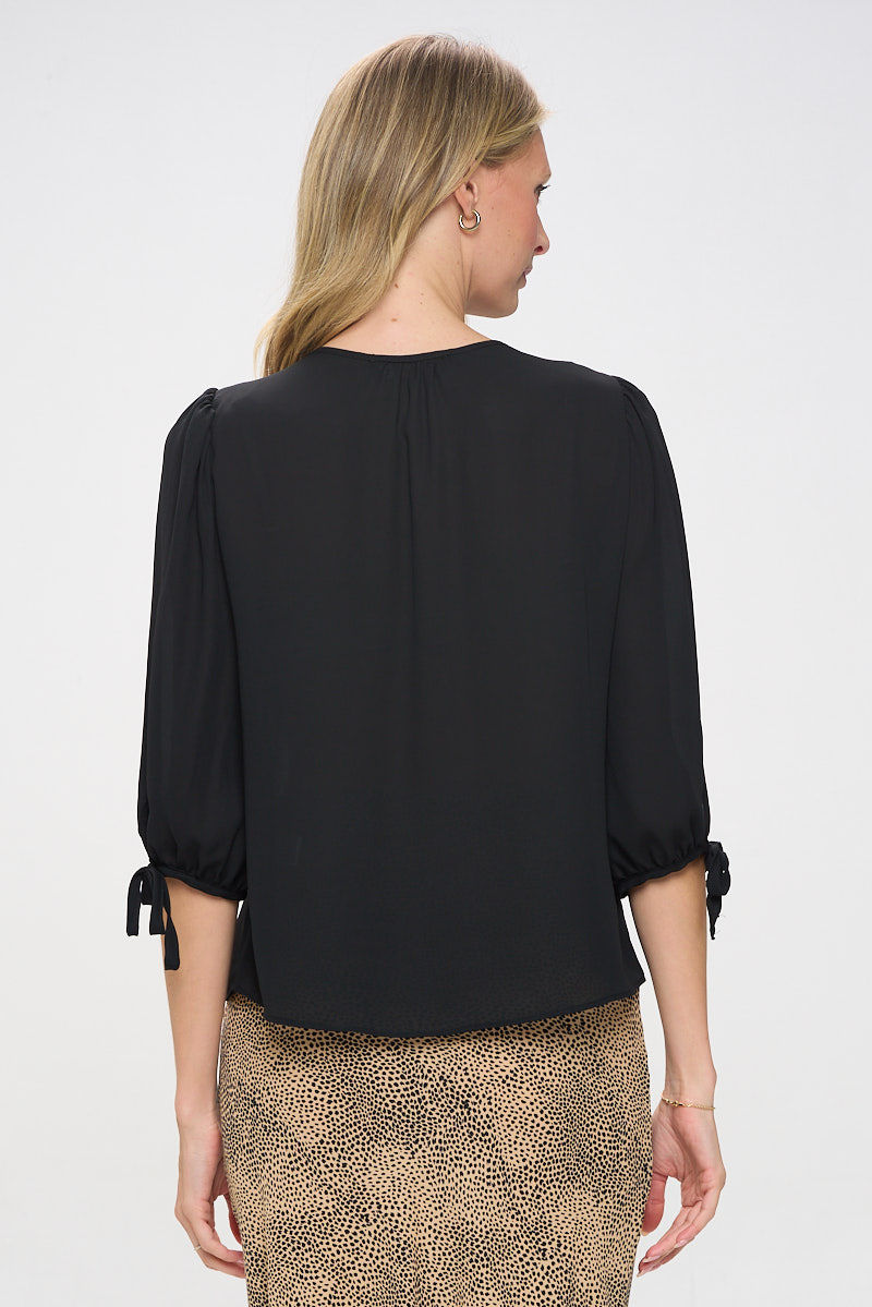 Thumbnail: Solid V neck Top with Self Tie Sleeves