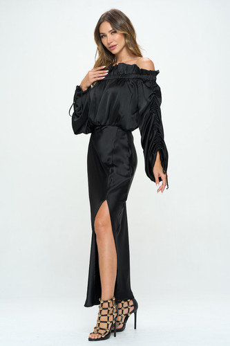renee c satin dress One Shoulder Satin Maxi Dress with Scarf Detail