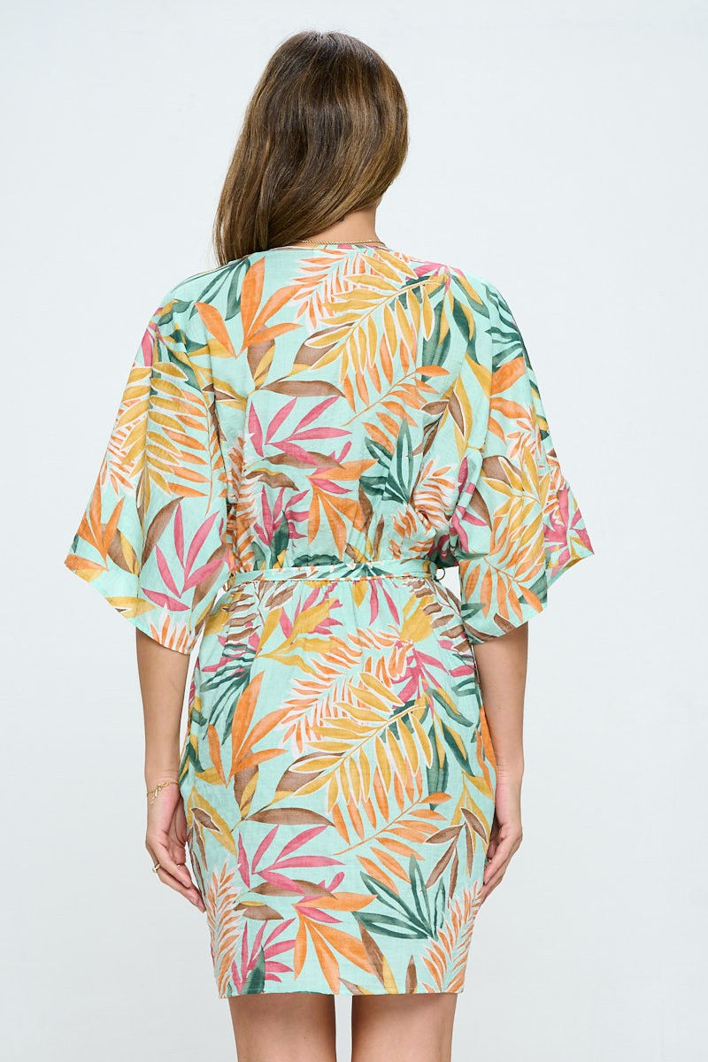 Thumbnail: Tropical Print Kimono Style Dress with Tie