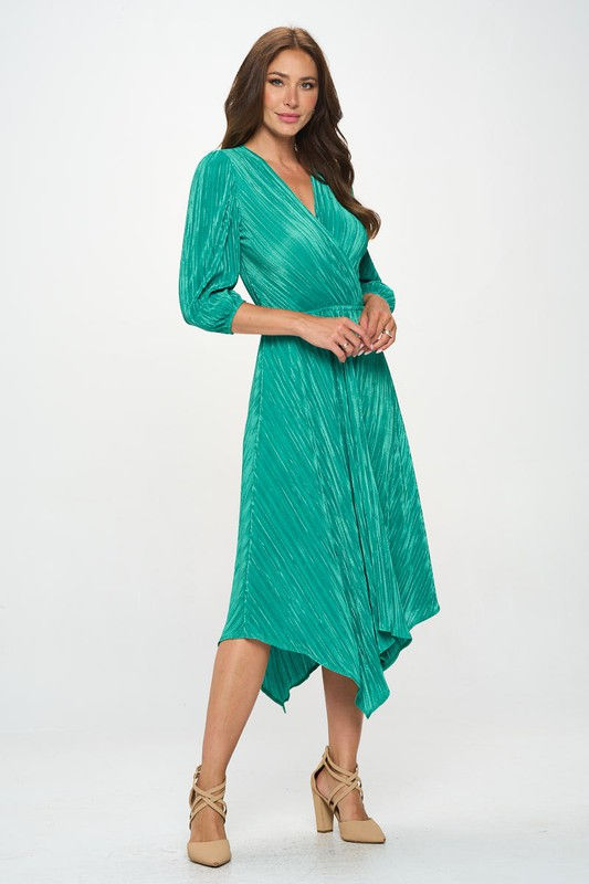 Thumbnail: Plisse V neck Dress with Asymmetrical Hem
