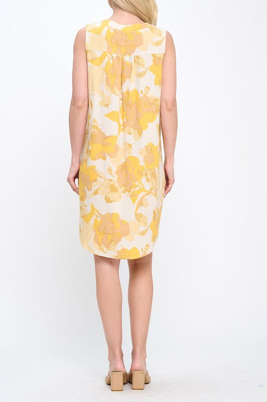 Thumbnail: Floral Linen V neck Sleeveless Dress with Curved Hem