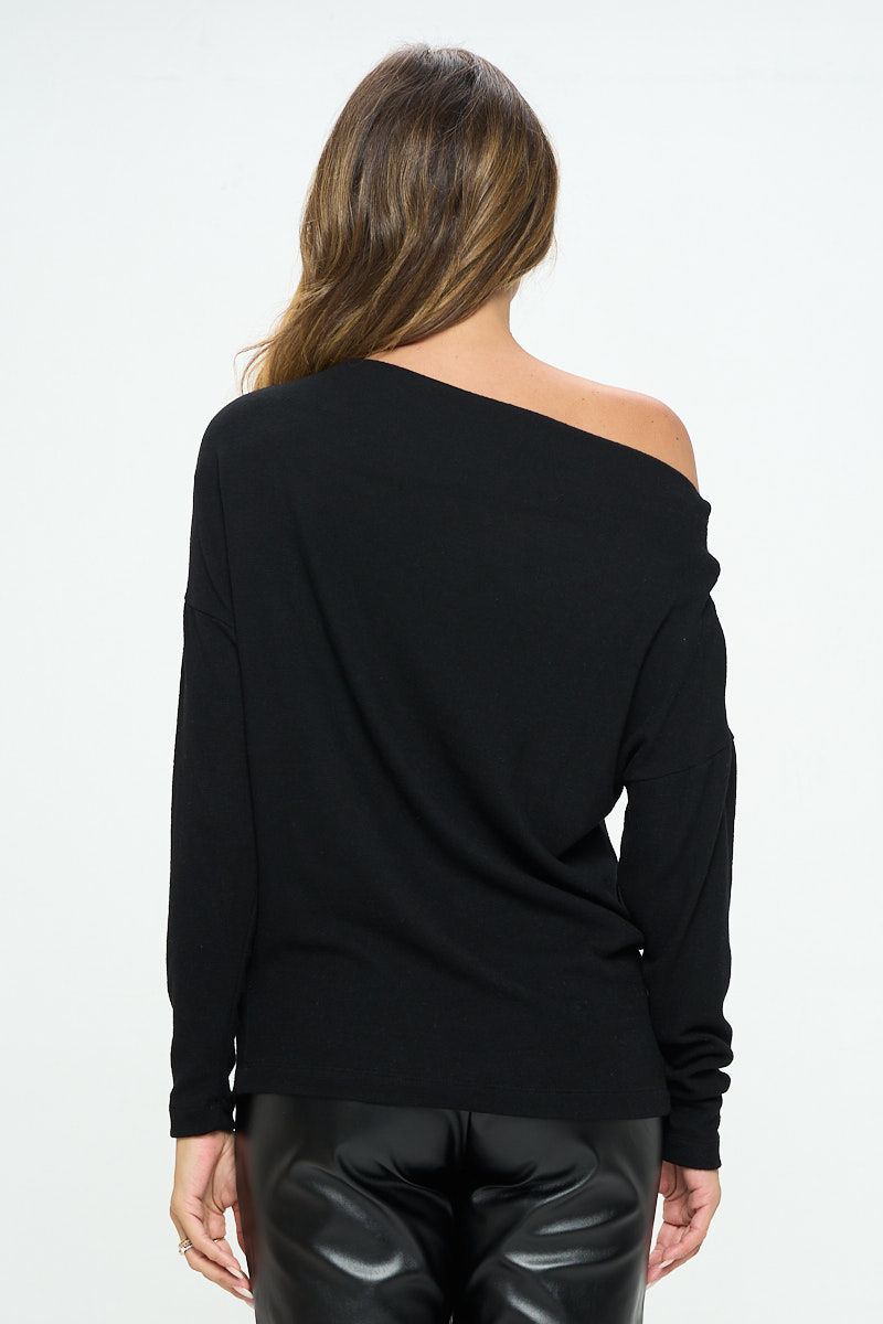 Thumbnail: Black Brushed Knit Off the Shoulder Top