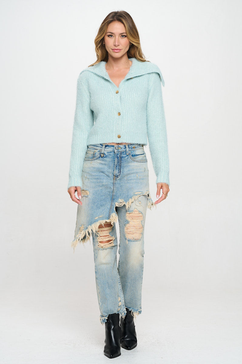 Thumbnail: Knit Long Sleeve Collard Cardigan with Buttons