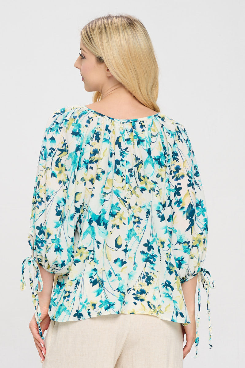 Thumbnail: Floral Print V neck Top with Sleeve Tie
