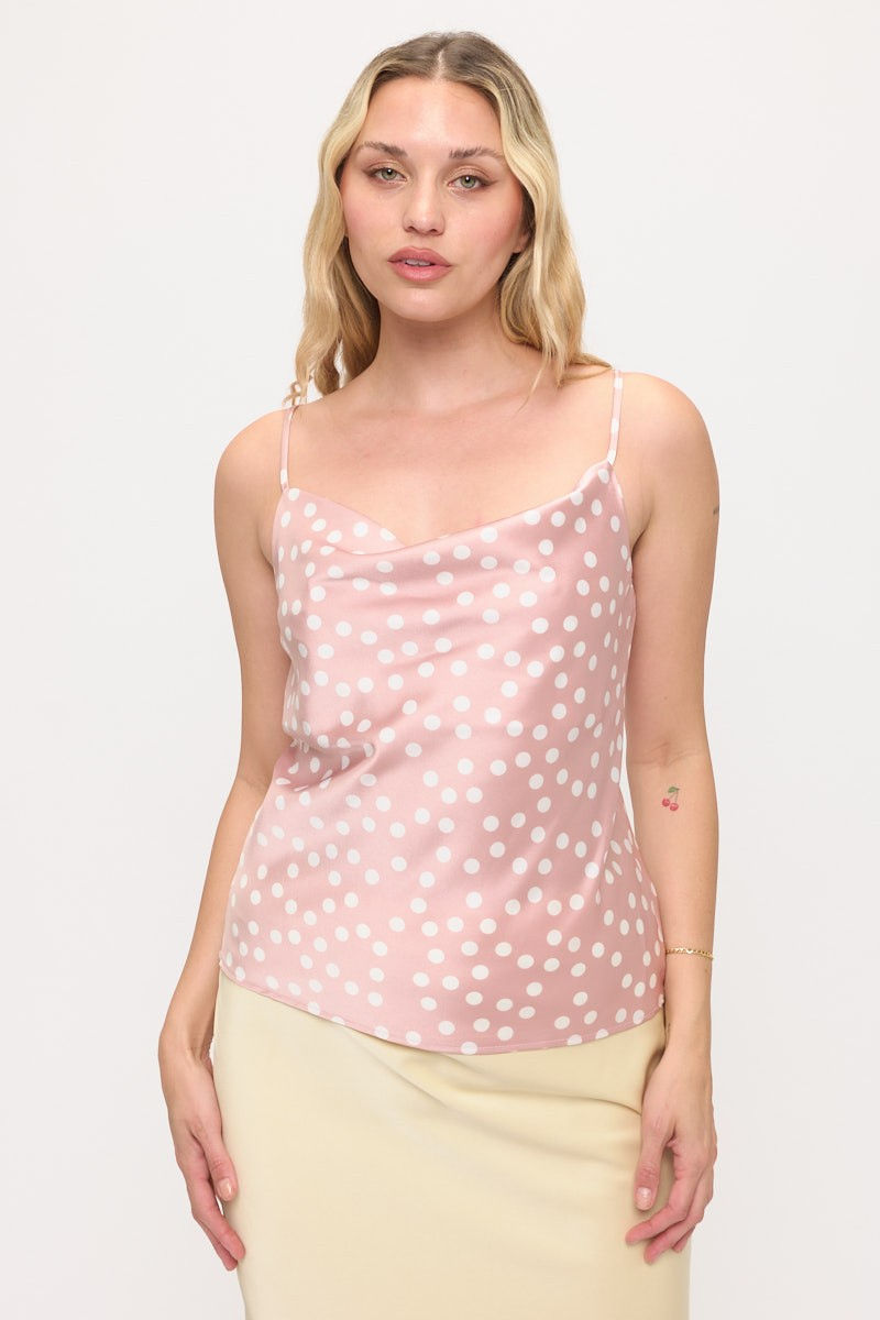Thumbnail: Made in USA Polka Dot Satin Cowl Neck Top