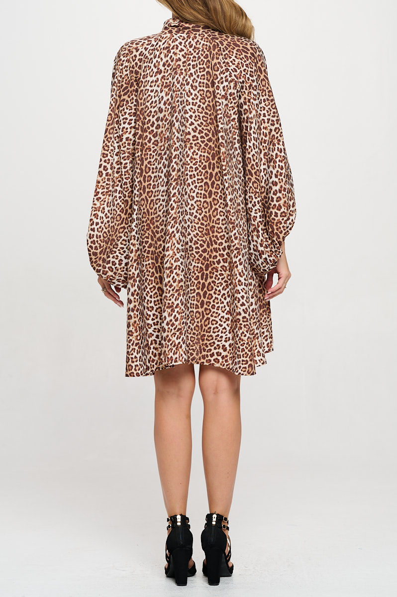 Thumbnail: Leopard Print Puff Sleeve Dress with Front Neck Tie Detail