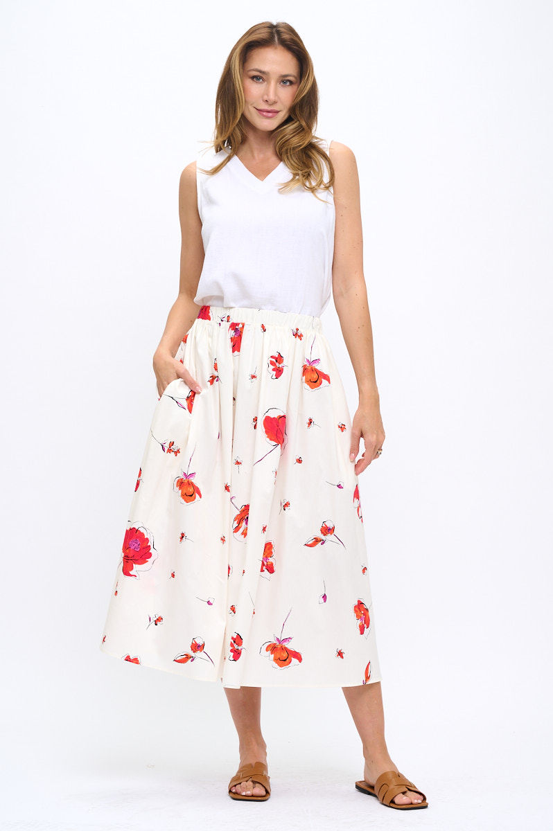 Thumbnail: Cotton Floral Flowy Midi Skirt with Pockets