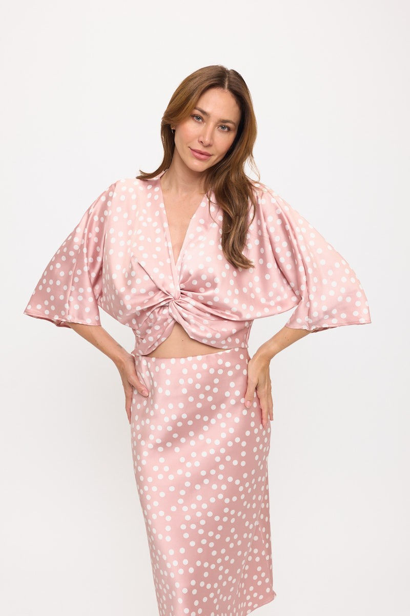 Thumbnail: Made in USA Polka Dot Mid Sleeve Top w Front Twist