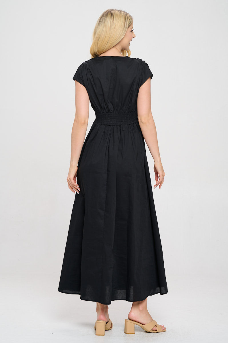 Thumbnail: Cotton Solid V neck Maxi Dress with Smock Waist