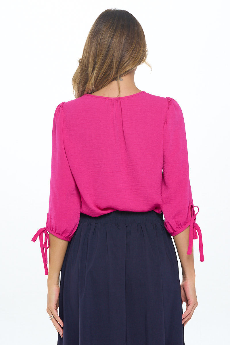 Thumbnail: Solid V neck 3/4 Sleeve Top with Sleeve Tie