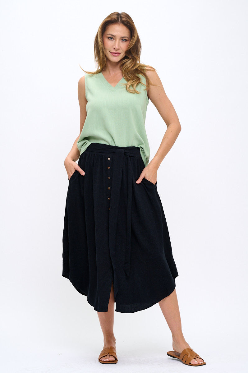 Thumbnail: Linen Solid Midi Skirt with Curved Hem and Buttons