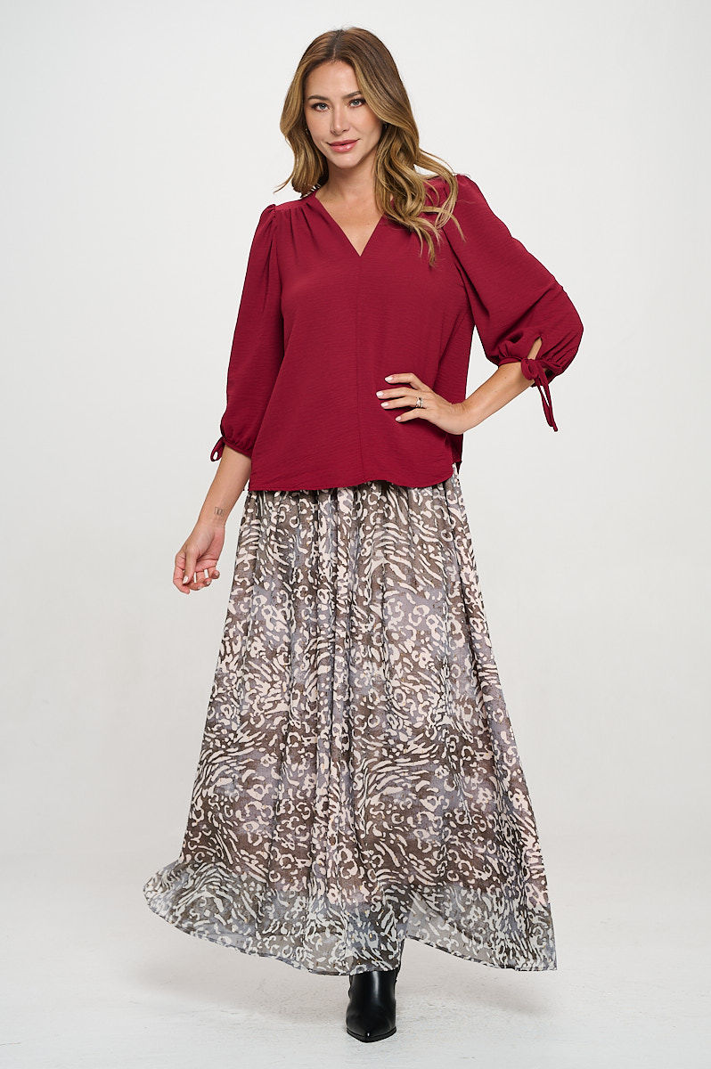 Thumbnail: Solid V neck 3/4 Sleeve Top with Sleeve Tie