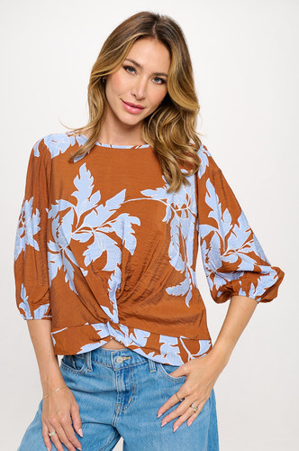 Floral Print 3/4 Sleeve Top with Front Twist | Reneecollection