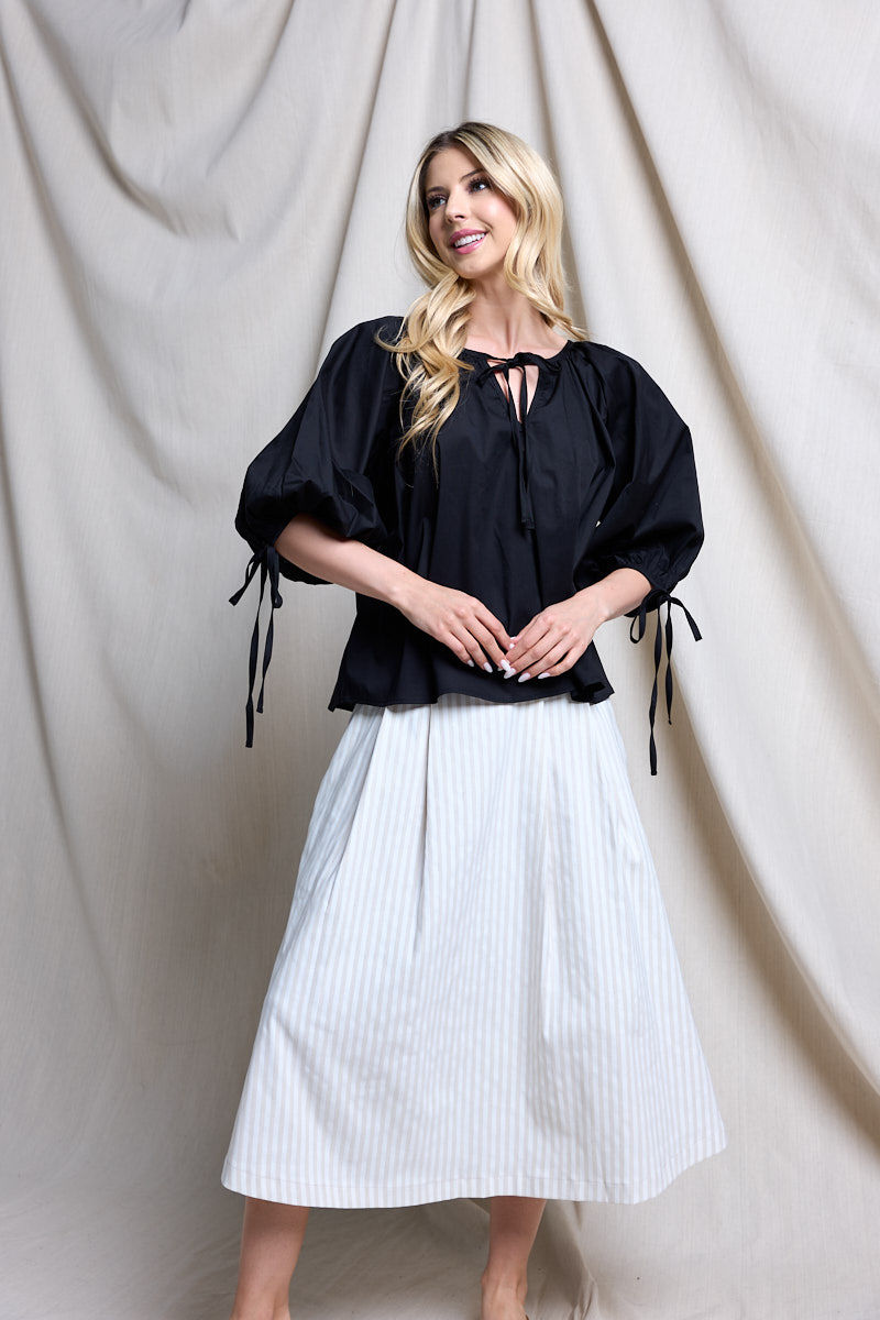 Thumbnail: Cotton V neck Half Puff Sleeve with Tie
