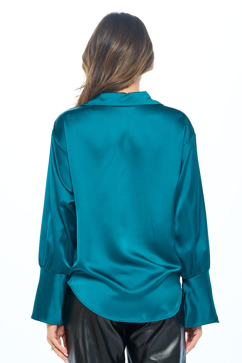 Thumbnail: Satin Collared Cowl neck Top with Split Cuff