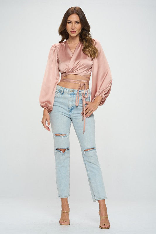 Thumbnail: Silky Satin Wrap Crop Top with Tie