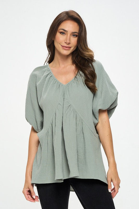 Thumbnail: Cotton V neck Puff Sleeve Tunic Top