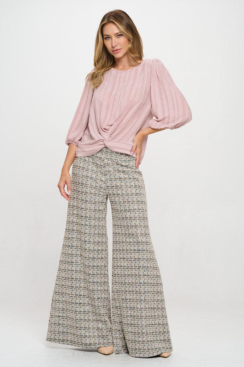 Thumbnail: Textured Sheer 3/4 Sleeve Top with Front Twist