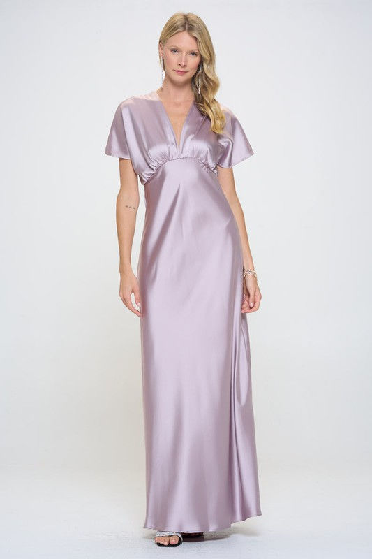 Thumbnail: Satin Solid Deep V neck Formal Dress