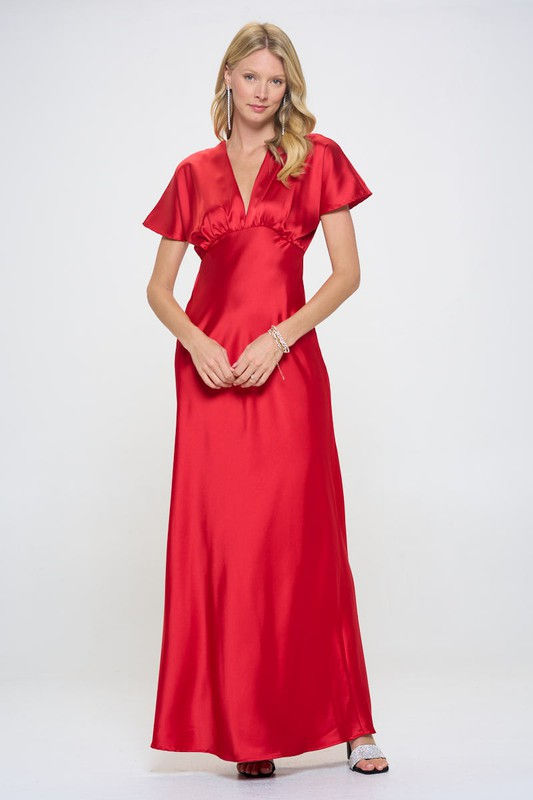 Thumbnail: Satin Solid Deep V neck Formal Dress