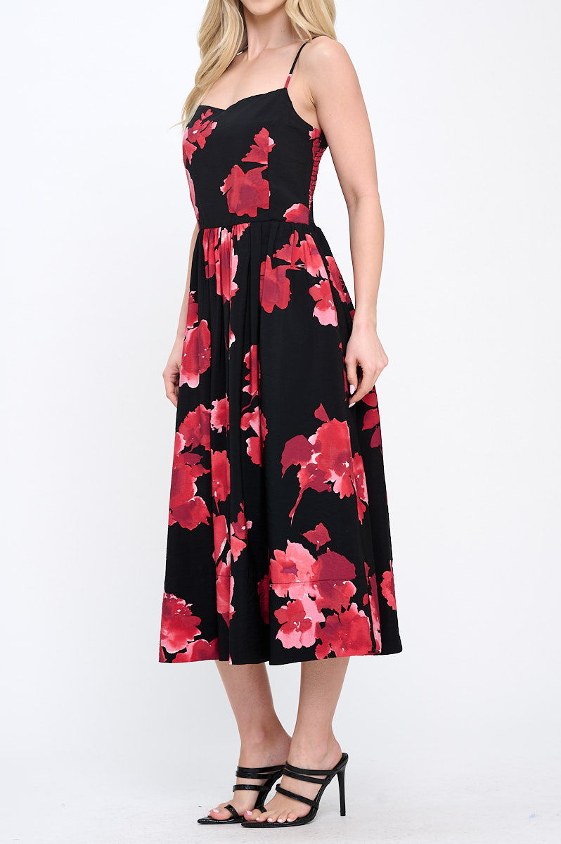 Thumbnail: Floral Print Midi Dress with Smock Back Detail and Pockets