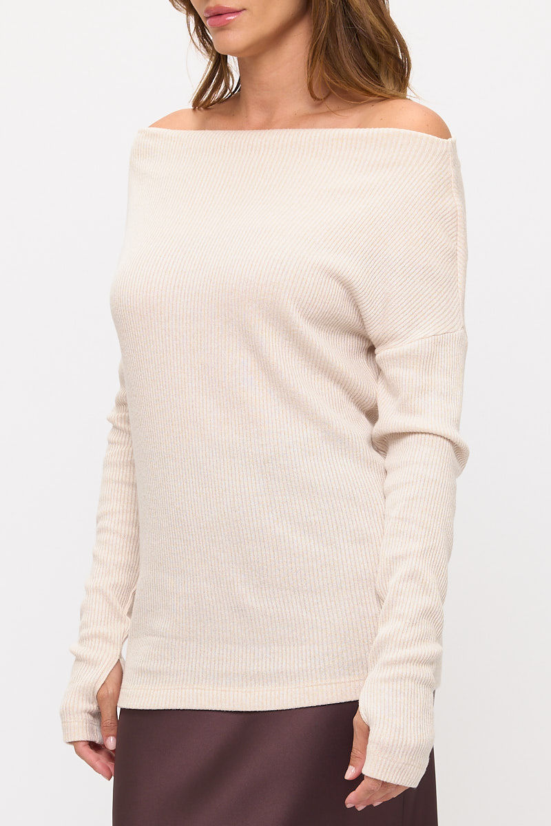 Thumbnail: Off The Shoulder Rib Knit Solid Long Sleeve Sweater