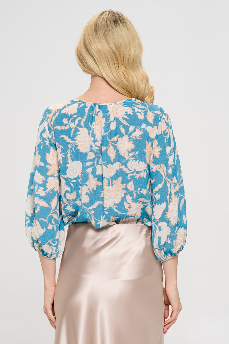 Thumbnail: Floral Print 3/4 Sleeve Top with Notch Neck