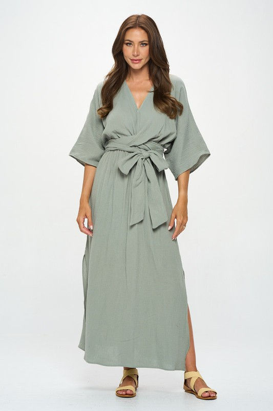 Thumbnail: Solid Kimono Style Maxi Dress with Tie