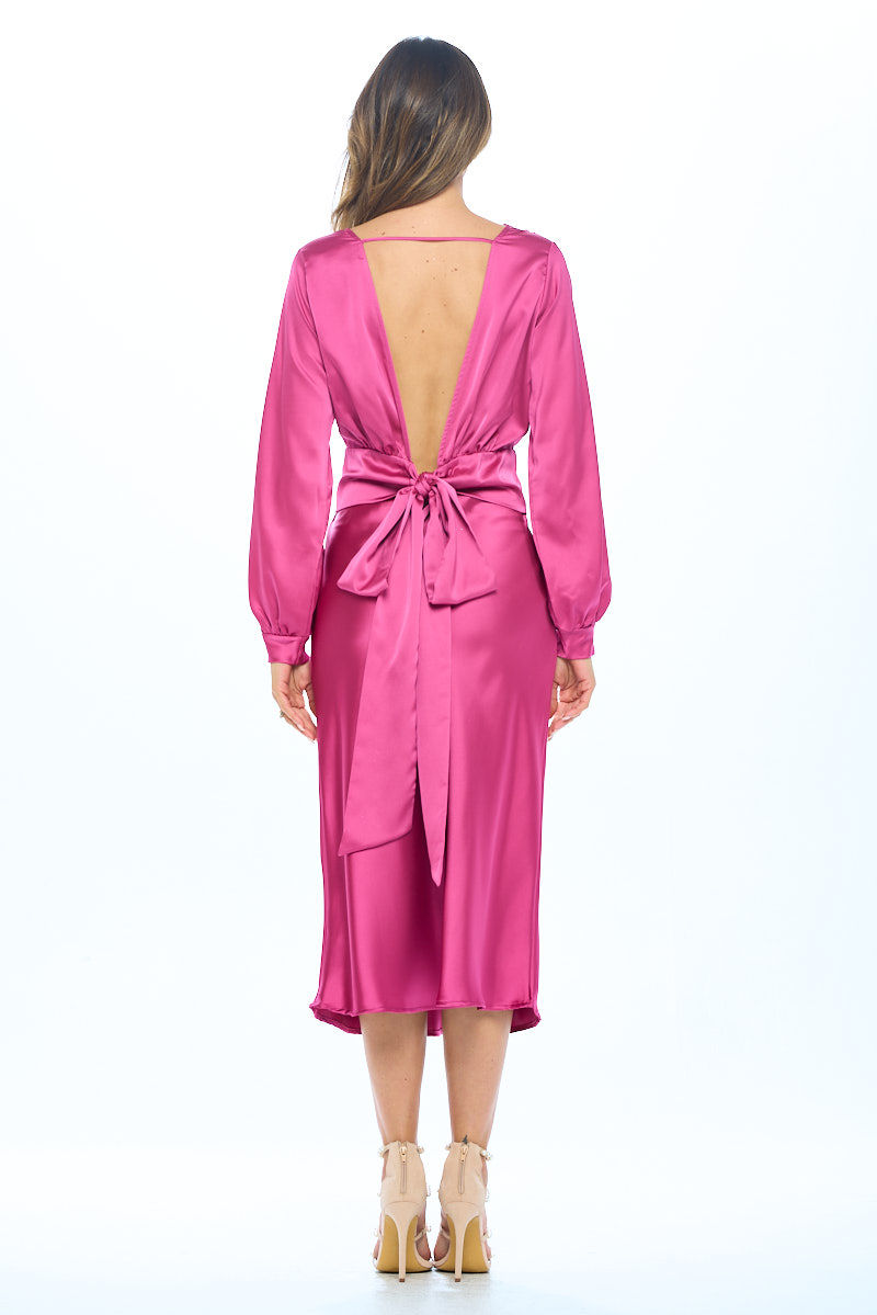 Thumbnail: Stretch Satin Solid V neck Top with Open Back