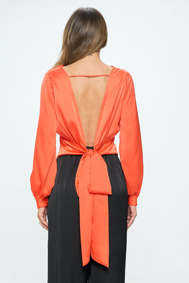 Thumbnail: Stretch Satin Solid V neck Top with Open Back