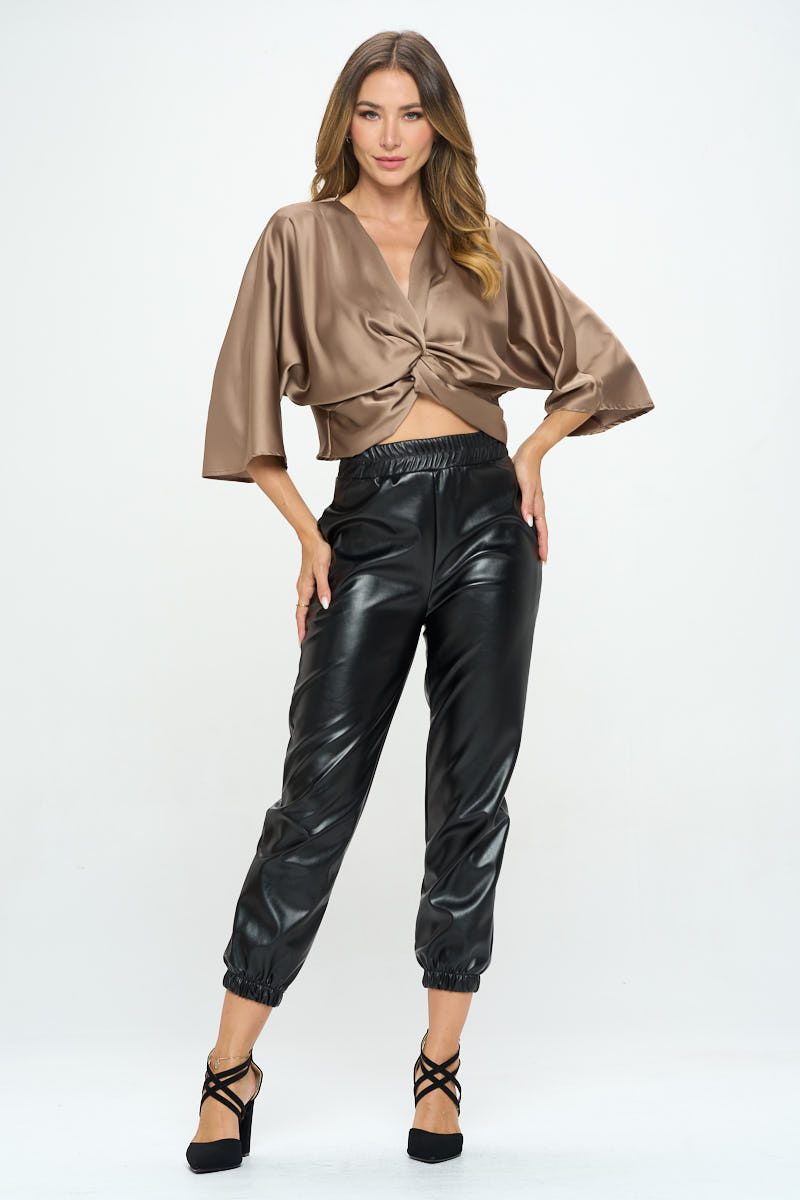 Thumbnail: Satin Vibrant Short Sleeve Top with Front Twist