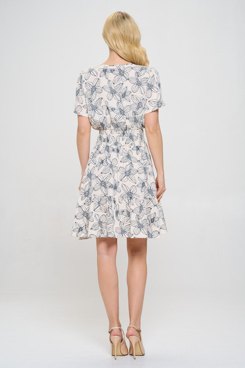 Thumbnail: Floral Print V neck Tiered Dress with Smock Waist