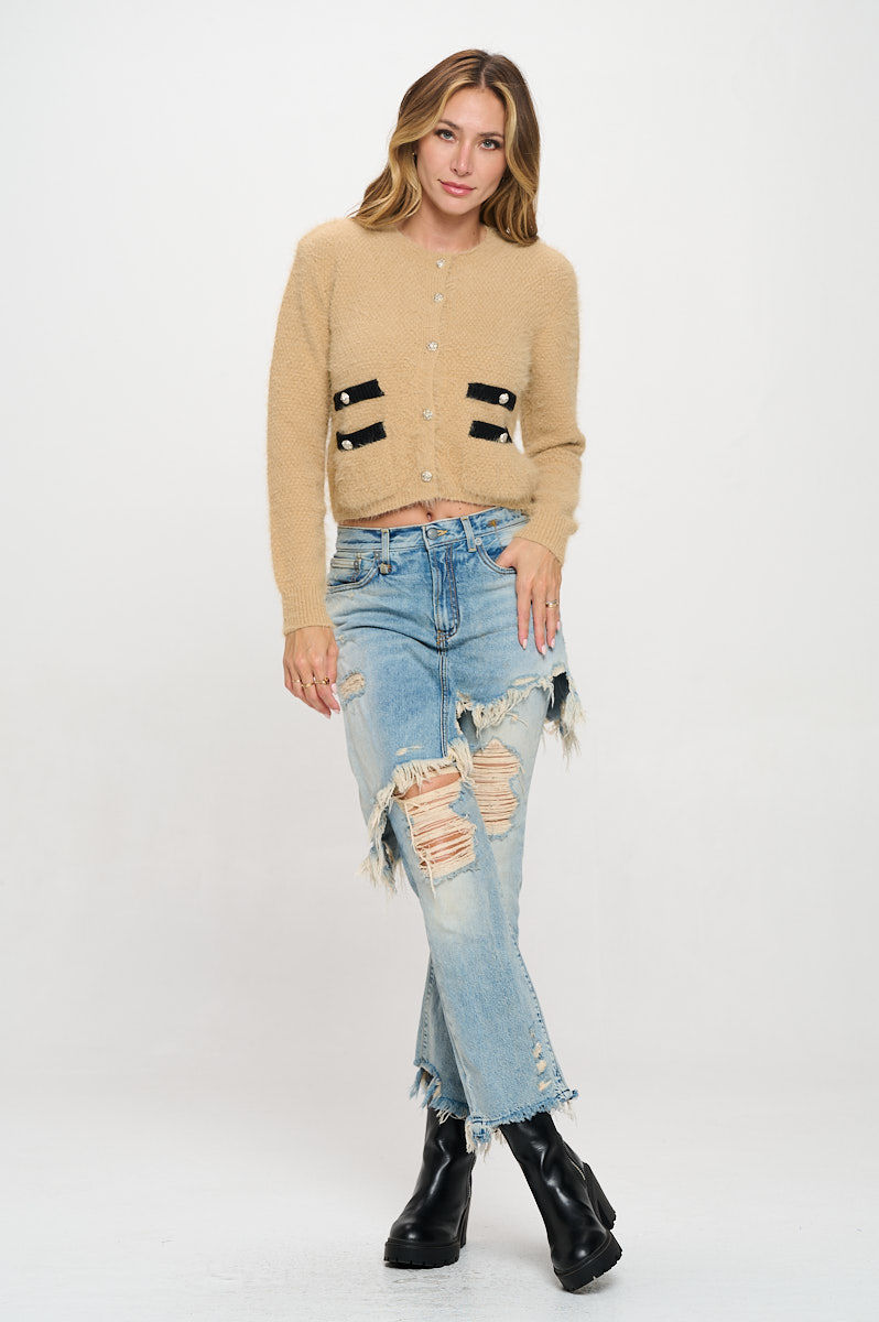 Thumbnail: Fuzzy Long Sleeve Cardigan with Two Pockets Detail and Buttons.