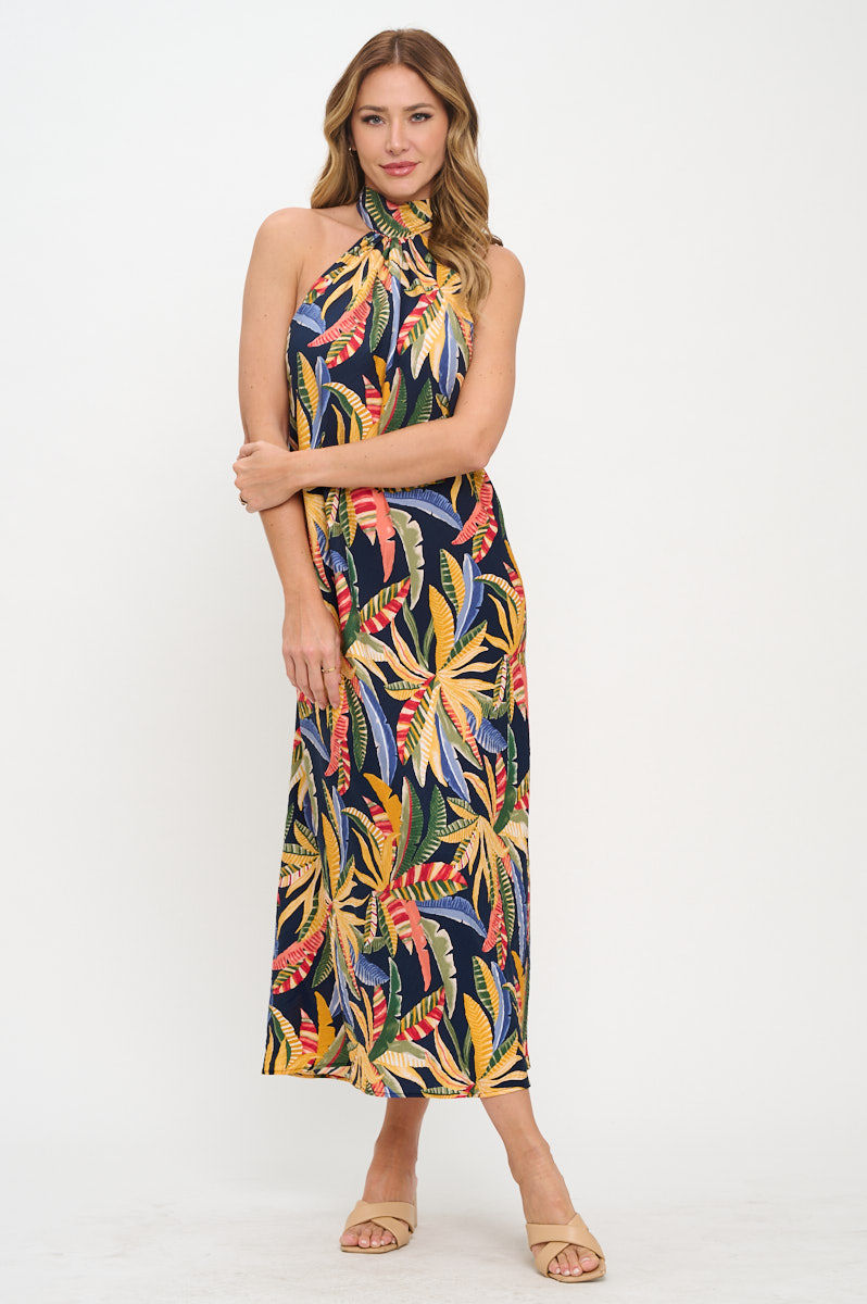 Thumbnail: Tropical Print Halter neck Backless Midi Dress