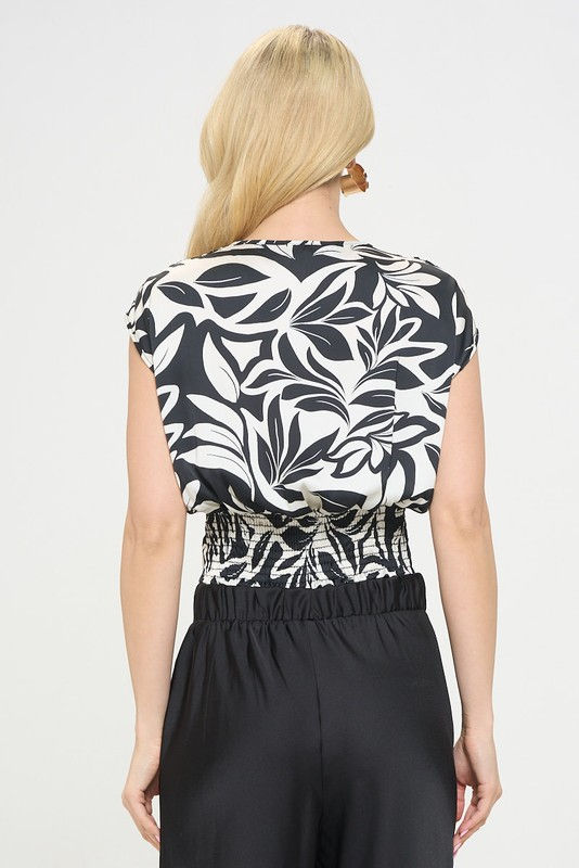 Thumbnail: Satin Floral Print V neck 3/4 Sleeve Top with Tie