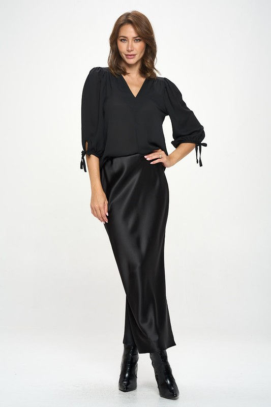Thumbnail: Solid V neck Top with Self Tie Sleeves