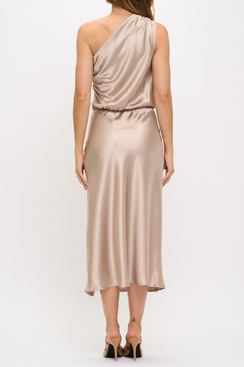 Thumbnail: Solid Satin One Shoulder Midi Dress with Slit