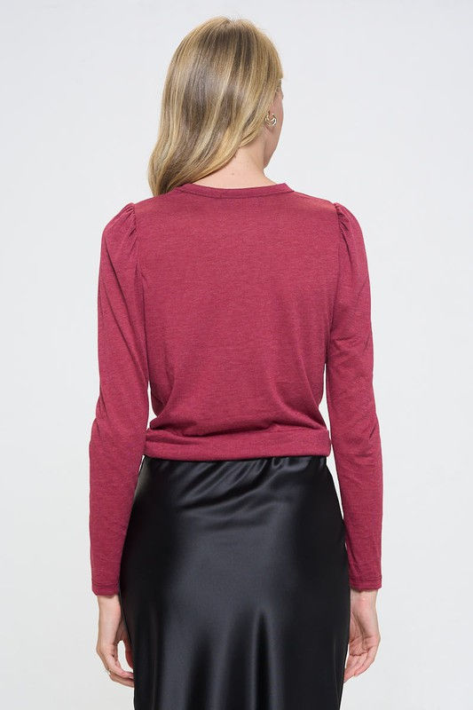 Thumbnail: Knit Top with Puff Long Sleeve and Front Twist