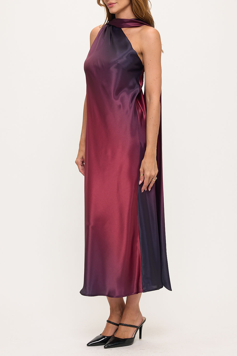 Thumbnail: Satin One-Shoulder Scarf Ombre Midi Dress