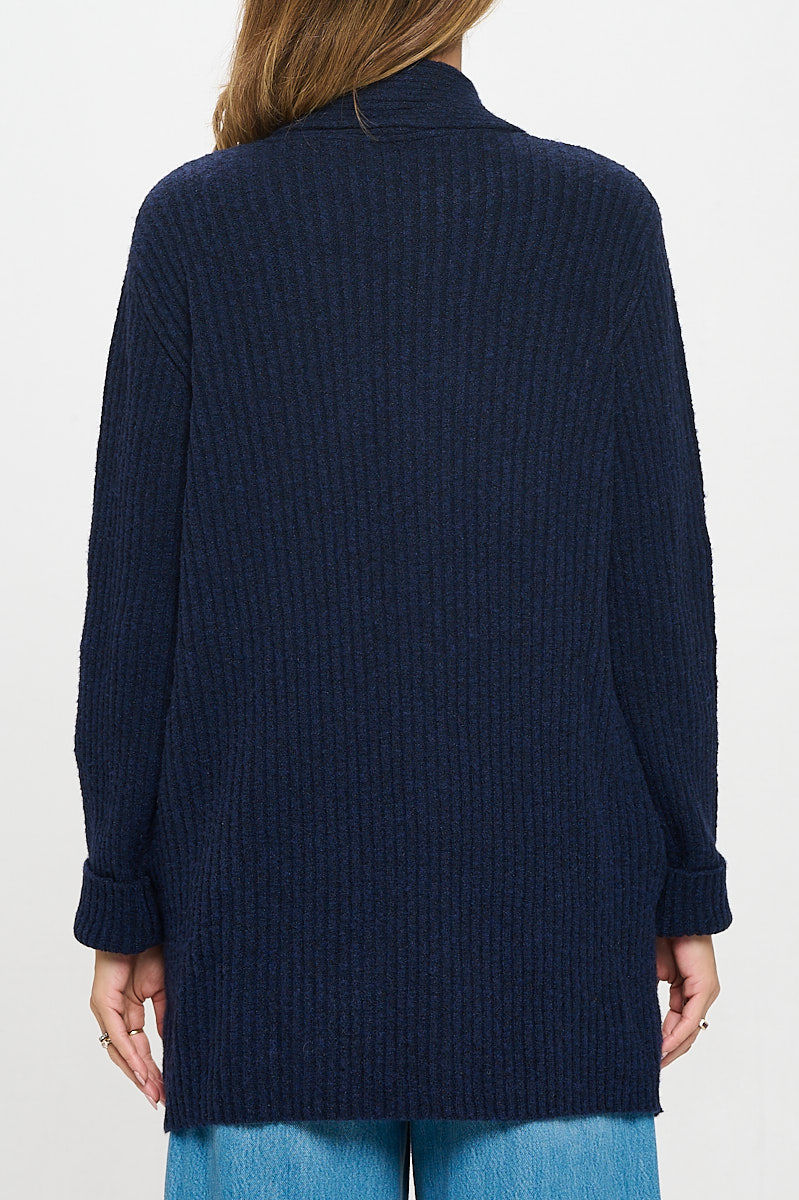 Thumbnail: Rib Knit Open Front Cardigan with Pockets and Folded Sleeve