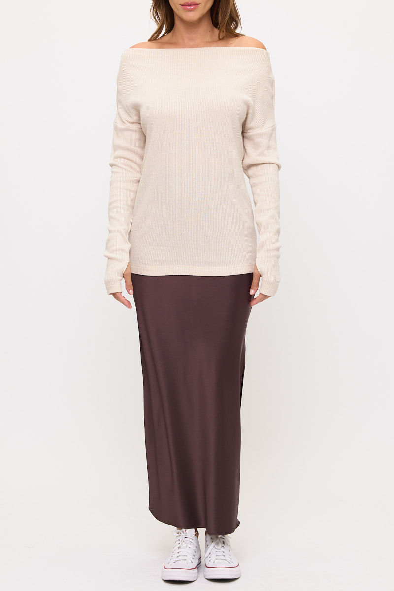 Thumbnail: Off The Shoulder Rib Knit Solid Long Sleeve Sweater