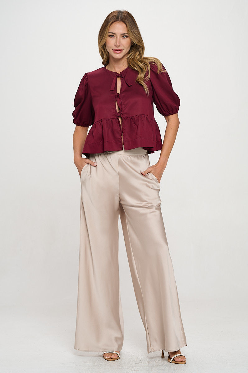 Thumbnail: Tencel Puff Sleeve Top with Front Bow Detail