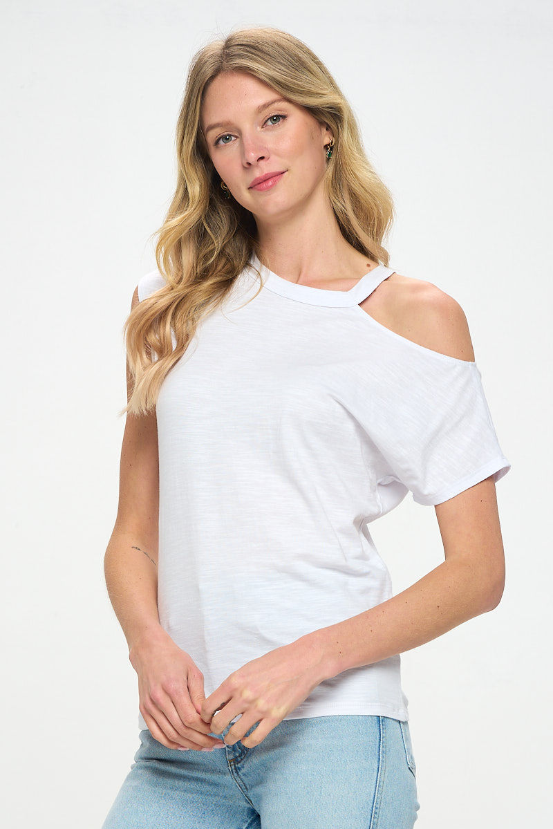 Thumbnail: Cotton Slub Spandex One Open Shoulder Knit Top